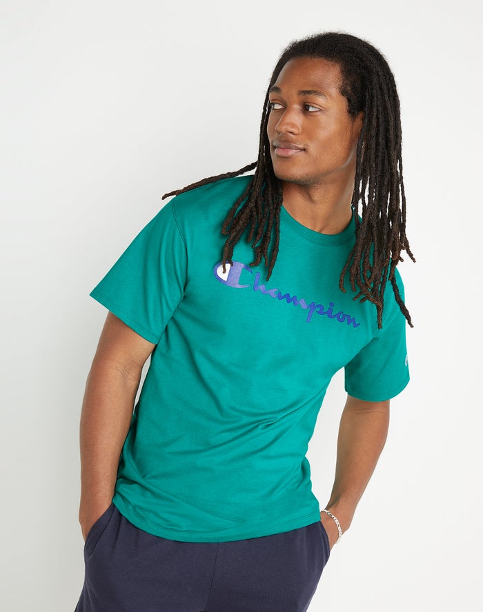 Champion Classic Jersey Script Logo T-Shirt Heren - Turquoise - Belgie 9104OWZTR